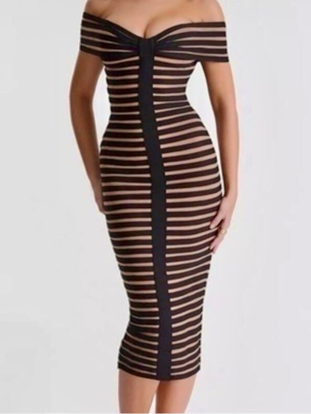 House of CB Black and Nude Striped Off-Shoulder Midi Dress